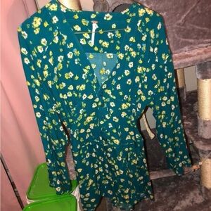 Teal Floral V-Neck Long Sleeve romper